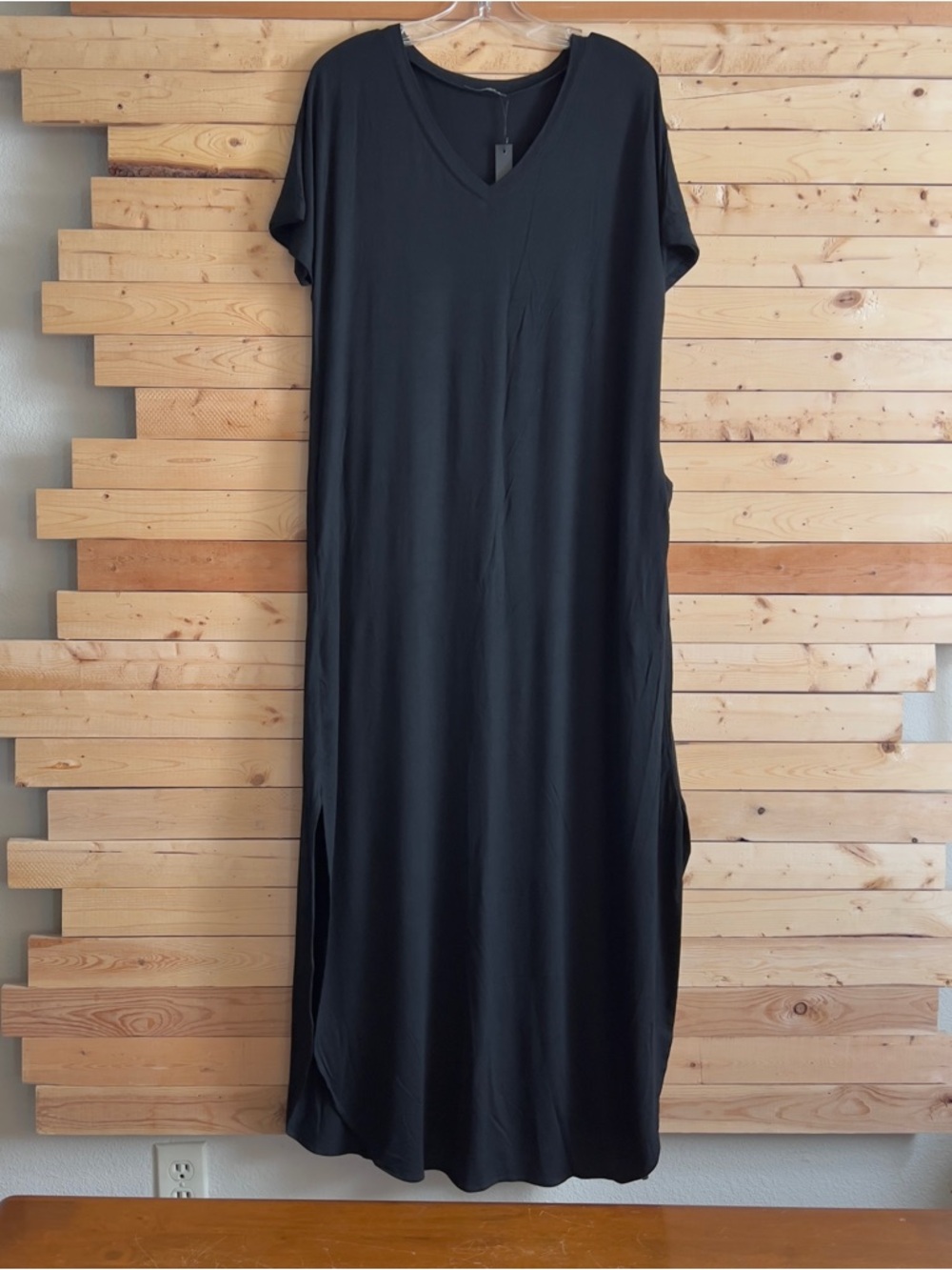 HUSKARY Women’s Solid Black Vneck Cotton Blend Stretch Shift Maxi Dress Size XL